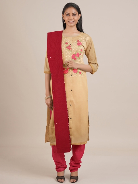 

Pothys Beige & Red Unstitched Dress Material