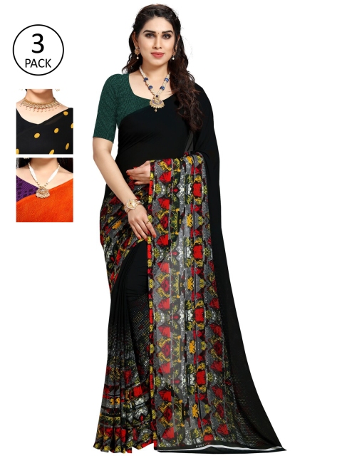 

KALINI Pack Of 3 Printed Sarees, Black