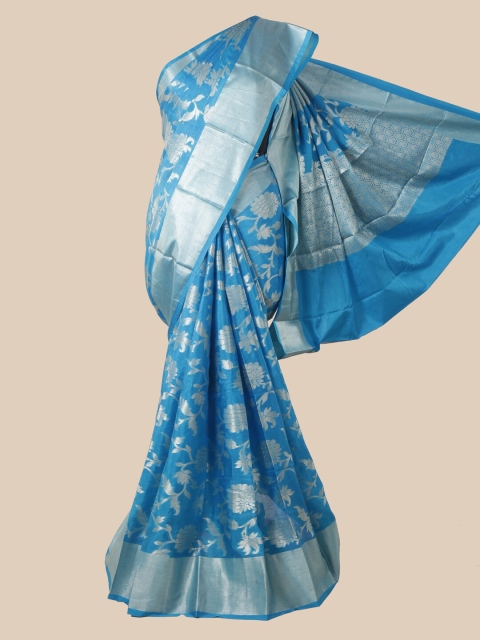 

Pothys Blue & Silver-Toned Floral Zari Silk Blend Saree