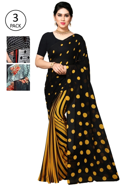 

KALINI Pack of 3 Poly Georgette Sarees, Black