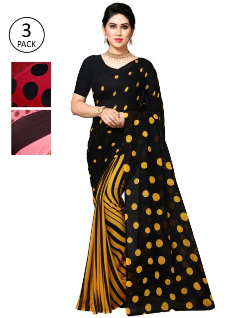 

KALINI Pack Of 3 Poly Georgette Sarees, Black
