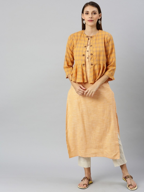 

Shakumbhari Women Mustard Yellow & Peach-Coloured Checked Jacket Kurta