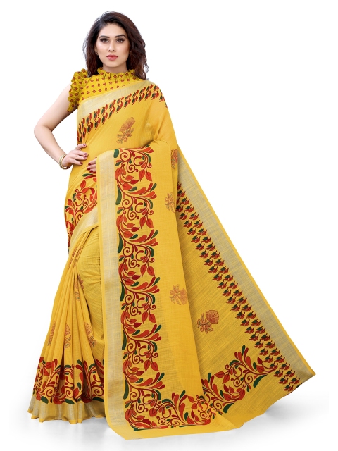 

KALINI Yellow & Red Floral Linen Blend Bagh Saree