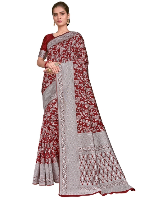 

SARIYA Maroon & Silver-Toned Woven Design Zari Silk Blend Banarasi Saree