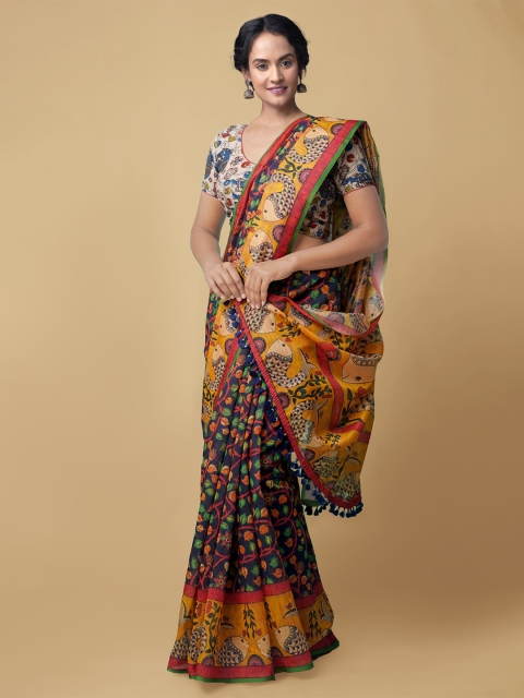

Unnati Silks Yellow & Blue Kalamkari Zari Silk Cotton Handloom Chanderi Saree