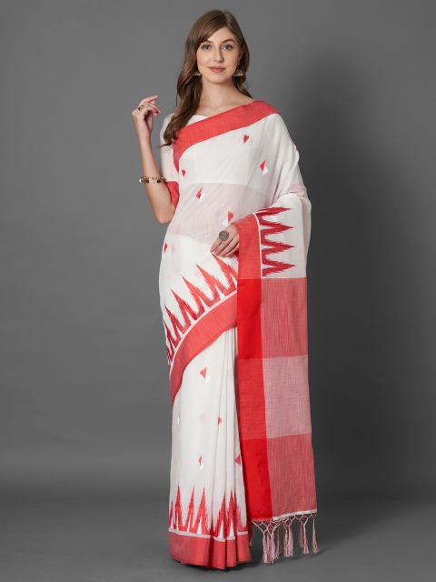 

Mitera White & Red Ethnic Motifs Linen Blend Saree