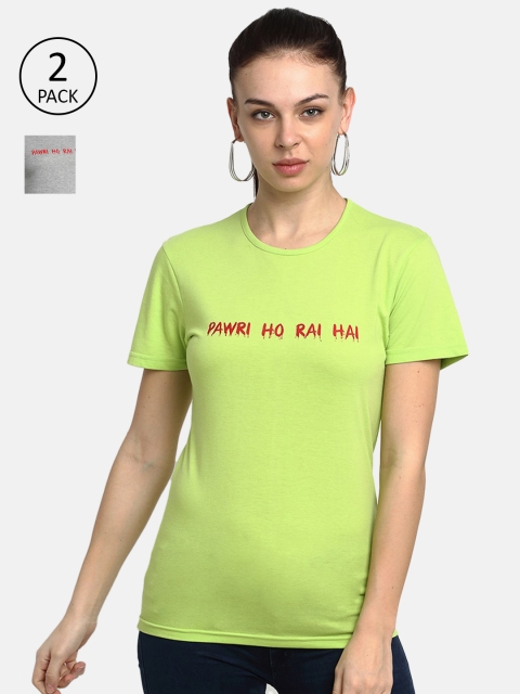 

VIMAL JONNEY Women Lime Green & Grey Typography 2 T-shirt