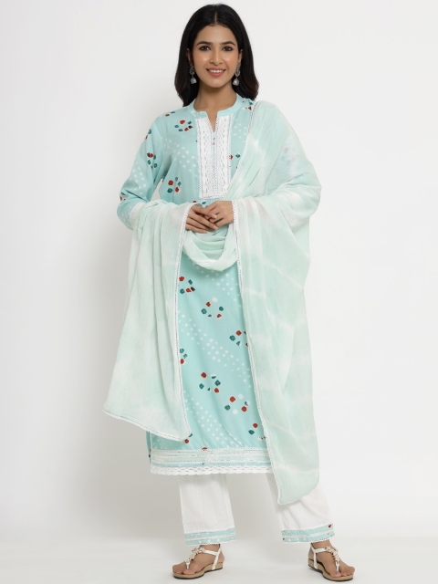 

ANAISA Women Sea Green & White Printed A-line Kurta With Trousers & Dupatta