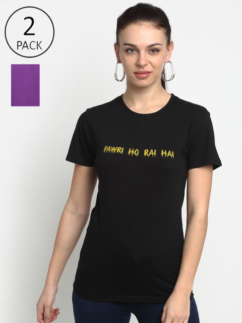 

VIMAL JONNEY Women Purple & Black Typography 2 Printed Cotton T-shirts