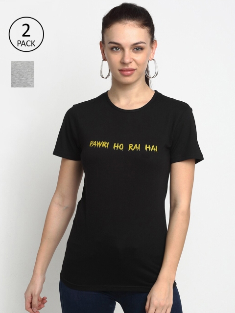 

VIMAL JONNEY Women Black & Grey Typography 2 Printed T-shirts
