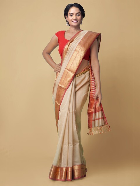

Unnati Silks Women Cream & Gold-Toned Pure Handloom Maheshwari Sico Sustainable Saree