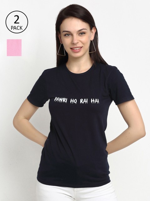 

VIMAL JONNEY Women vy Blue Typography 2 Printed T-shirt, Navy blue