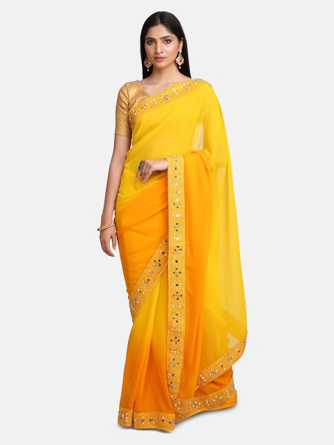 

Mirraw Yellow & Orange Mirror Work Embellished Art Silk Saree