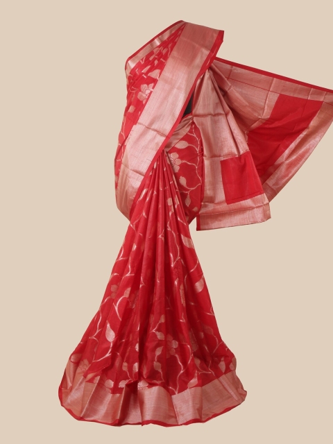 

Pothys Red & Silver-Toned Floral Zari Silk Blend Tussar Saree