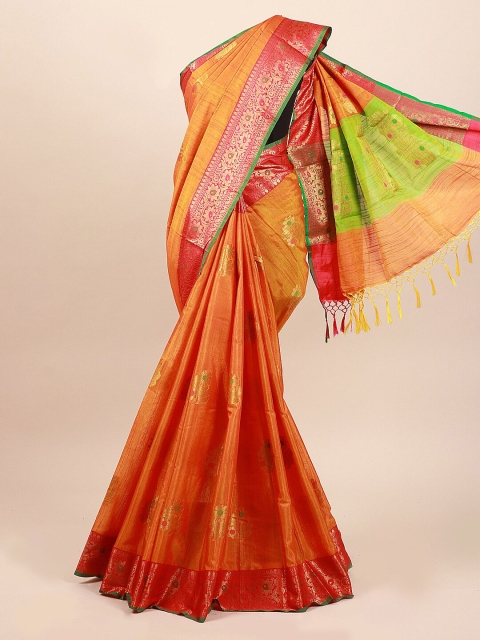 

Pothys Mustard Yellow & Pink Ethnic Motifs Zari Saree