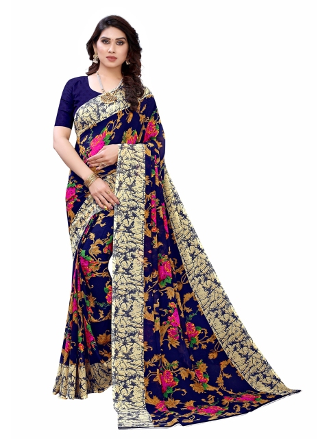 

KALINI Navy Blue & Pink Floral Poly Georgette Saree