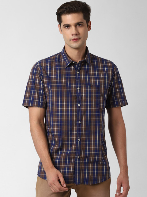

Peter England Casuals Men Navy Blue & Brown Checked Slim Fit Pure Cotton Casual Shirt