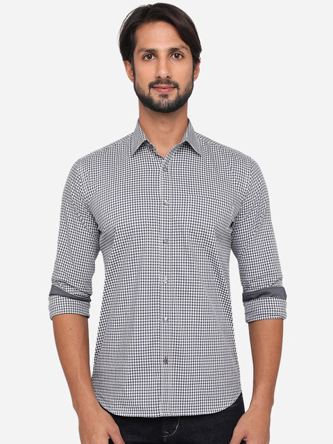 

Greenfibre Men White & Black Slim Fit Gingham Checks Checked Pure Cotton Casual Shirt