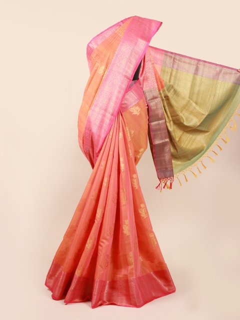 

Pothys Peach-Coloured & Green Ethnic Motifs Zari Cotton Blend Saree