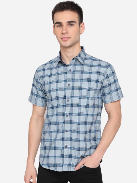 

Greenfibre Men Blue Slim Fit Checked Pure Cotton Casual Shirt