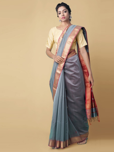 

Unnati Silks Grey & Red Zari Silk Cotton Maheshwari Saree