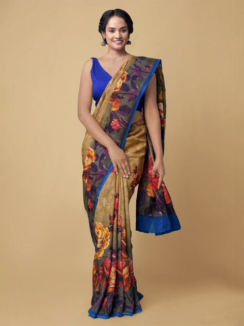 

Unnati Silks Brown & Blue Floral Art Silk Handloom Saree