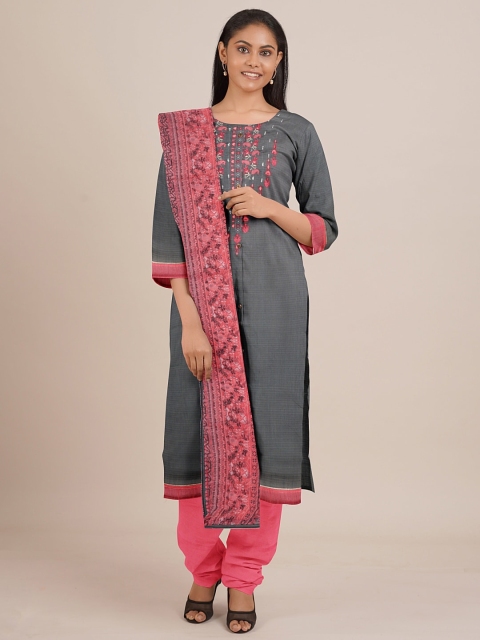 

Pothys Grey & Pink Embroidered Unstitched Dress Material