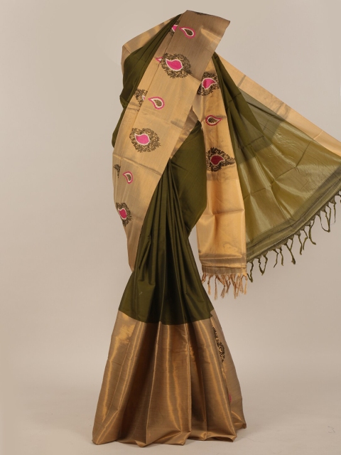 

Pothys Olive & Gold-Toned Ethnic Motifs Zari Art Silk Saree