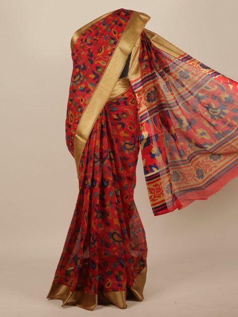 

Pothys Red & Blue Floral Zari Cotton Blend Floral Saree