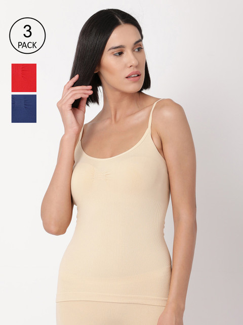 

GOLDSTROMS Women Pack Of 3 Blue & Beige Solid Cotton Camisole