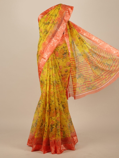 

Pothys Yellow Floral Cotton Blend Saree