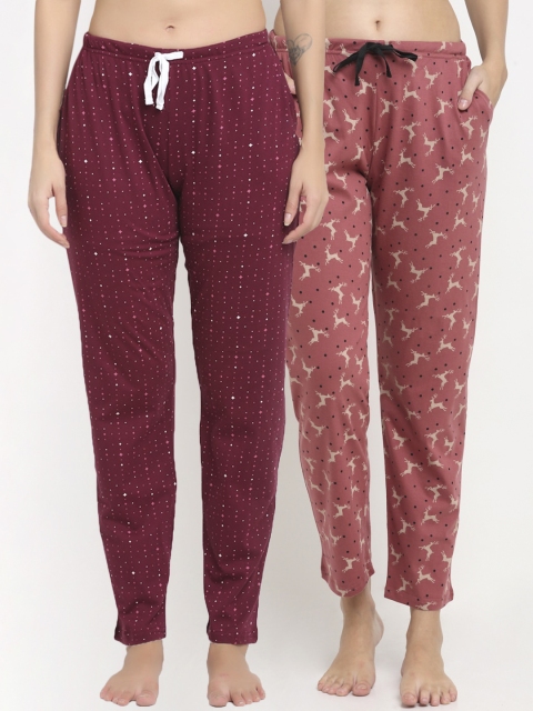 

Kanvin Women Pack Of 2 Maroon & Red Printed Pure Cotton Lounge Pants