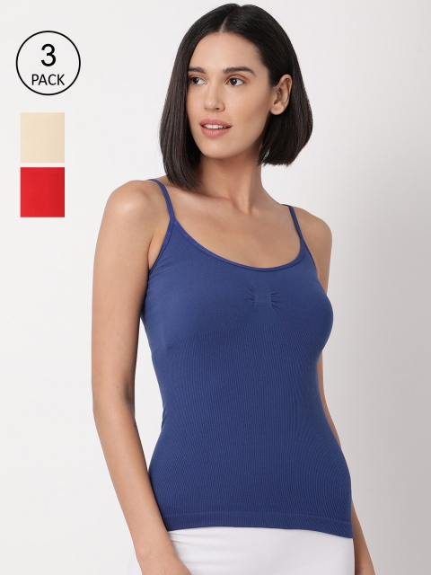 

GOLDSTROMS Women Pack Of 3 Blue & Red Solid Seamless Camisoles