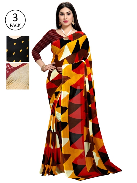 

KALINI Pack of 3 Poly Georgette Sarees, Beige