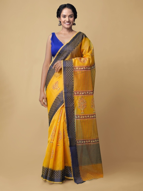 

Unnati Silks Yellow & Blue Ethnic Motifs Net Handloom Saree