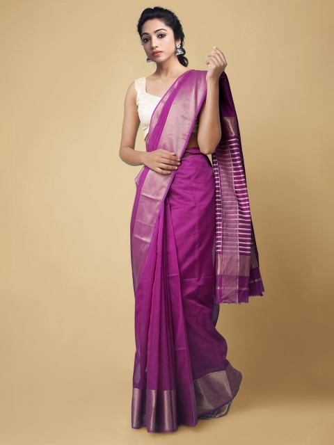 

Unnati Silks Purple & Gold-Toned Zari Silk Cotton Handloom Maheshwari Saree