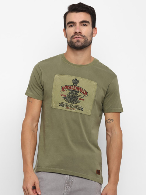 

Royal Enfield Men Olive Green Printed Applique T-shirt