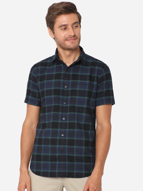 

JADE BLUE Men Blue & Black Slim Fit Checked Pure Cotton Casual Shirt