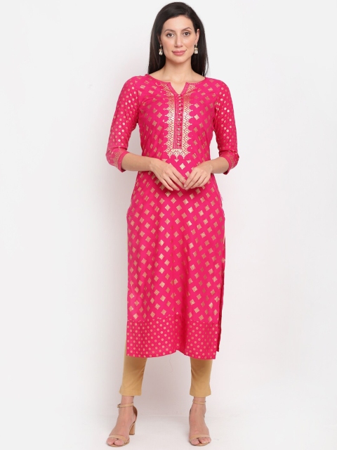 

Lovely Lady Women Magenta & Gold Coloured Ethnic Motifs Foil Printed Kurta