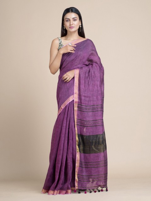 

Mitera Purple & Green Striped Pure Linen Saree