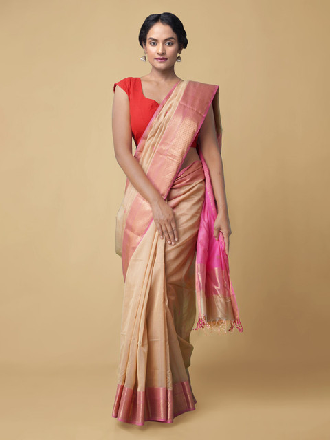 

Unnati Silks Brown & Pink Woven Design Zari Silk Cotton Handloom Maheshwari Saree