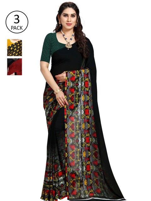 

KALINI Pack of 3 Poly Georgette Printed Sarees, Mustard