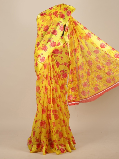 

Pothys Yellow & Red Cotton Blend Floral Saree