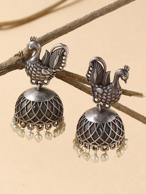 

Fabstreet Oxidized Silver-Toned Peacock Shaped Chandbalis Earrings