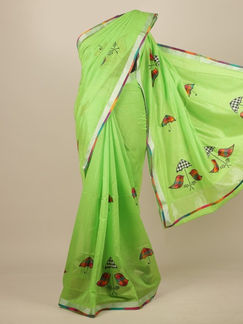 

Pothys Green & White Cotton Blend Saree