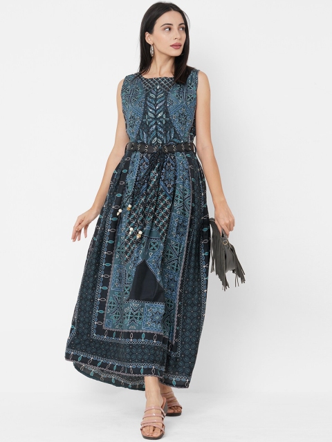 

FASHOR Women Blue Ethnic Motifs Maxi Dress with a Leather Belt
