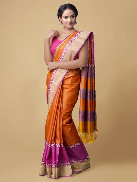 

Unnati Silks Orange & Pink Zari Pure Silk Handloom Tussar Saree