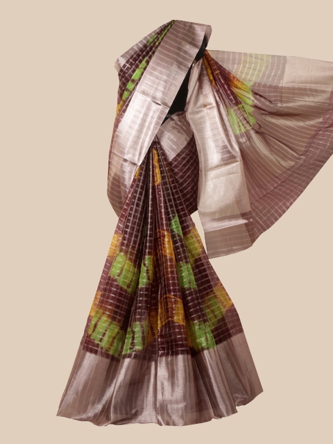 

Pothys Brown & Green Checked Zari Tissue Saree