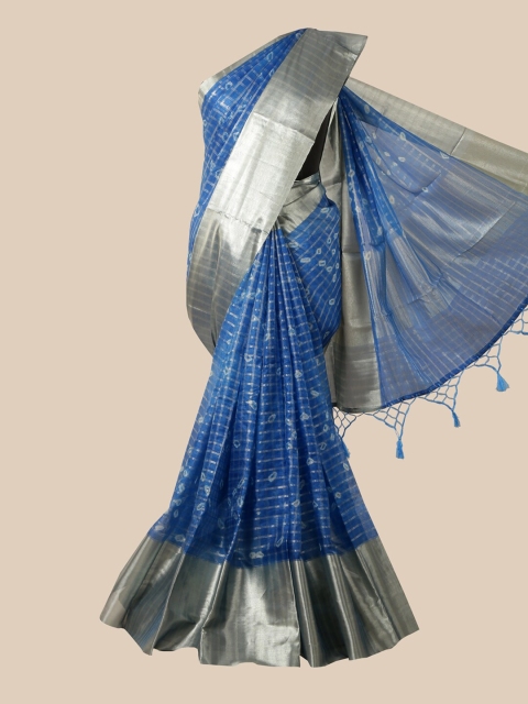 

Pothys Blue & Silver-Toned Checked Tissue Saree