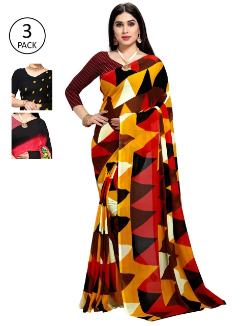 

KALINI Pack Of 3 Printed Sarees, Black